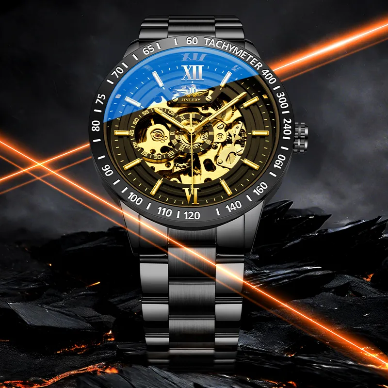 JINLERY Automatic Mechanical Movement Stainless Steel Watchband Watch Men's Watches Black Dial-8
