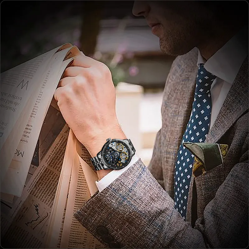 JINLERY Double Fly Reel Collection Automatic Mechanical Movement Watch Men's Watches Silver Dial-14