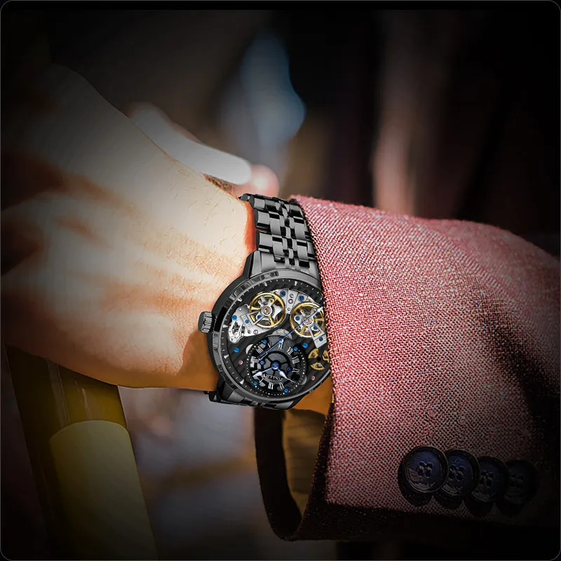 JINLERY Double Fly Reel Collection Automatic Mechanical Movement Watch Men's Watches Silver Dial-17