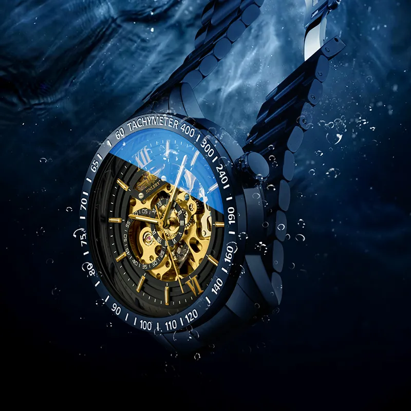 JINLERY Automatic Mechanical Movement Stainless Steel Watchband Watch Men's Watches Black Dial-3