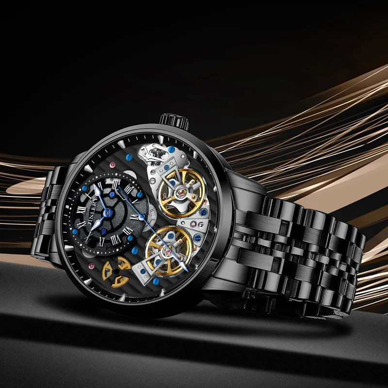 JINLERY Double Fly Reel Collection Automatic Mechanical Movement Watch Men's Watches Silver Dial-19