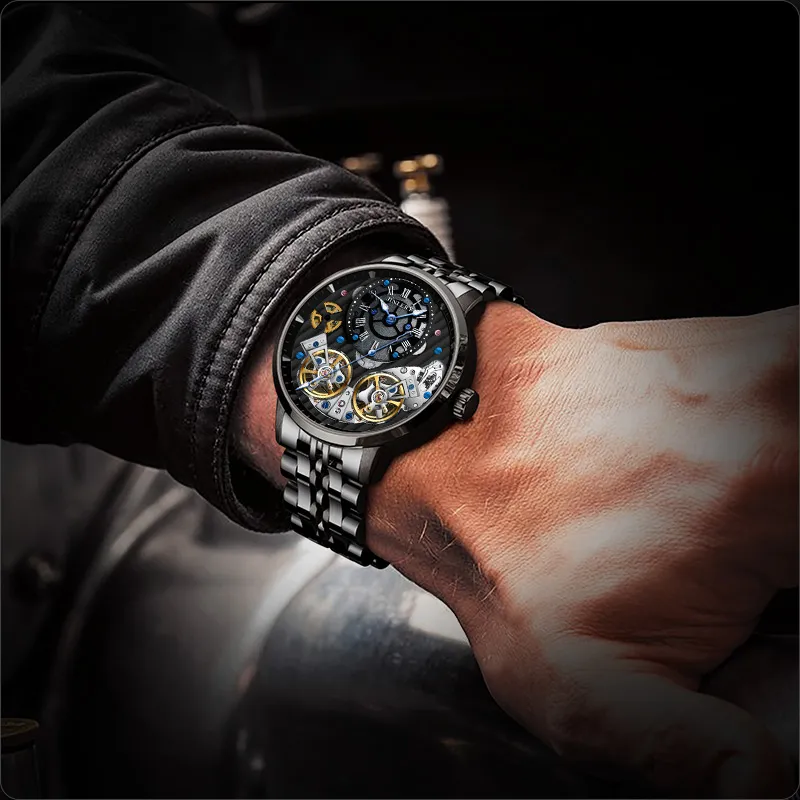 JINLERY Double Fly Reel Collection Automatic Mechanical Movement Watch Men's Watches Silver Dial-16