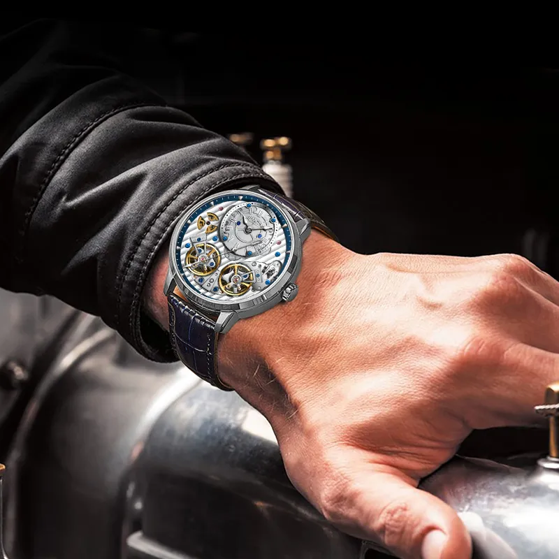 JINLERY Double Fly Reel Collection Automatic Mechanical Movement Watch Men's Watches Silver Dial-5