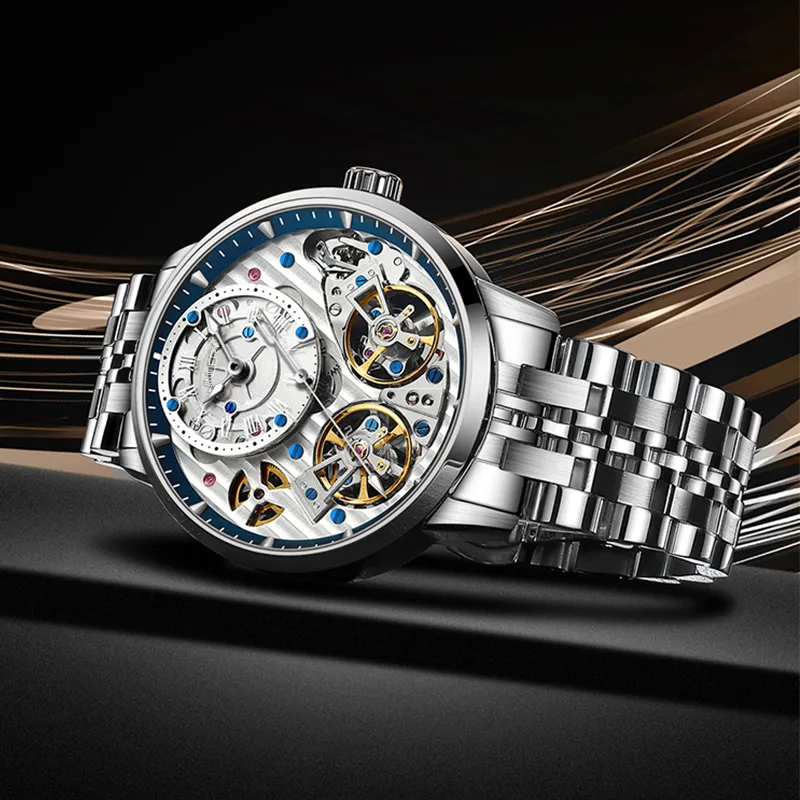 JINLERY Double Fly Reel Collection Automatic Mechanical Movement Watch Men's Watches Silver Dial-1
