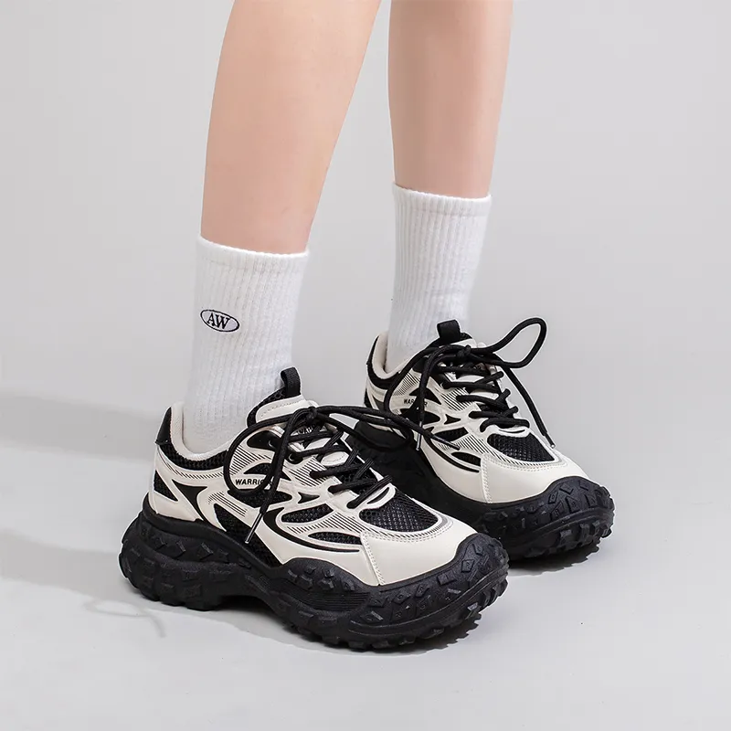 Warrior Breathable And Lightweight Low Top Chunky Sneakers Women's Black Beige-5
