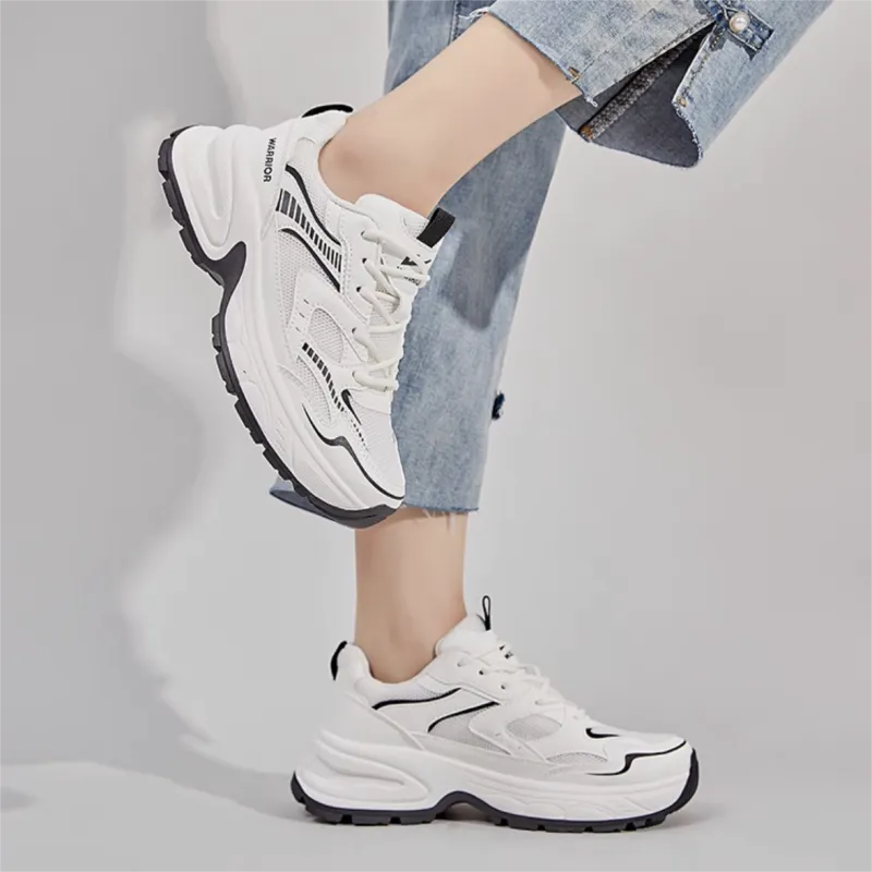 Warrior Height Increasing Abrasion Resistant Low Top Chunky Sneakers Women's White Black-8