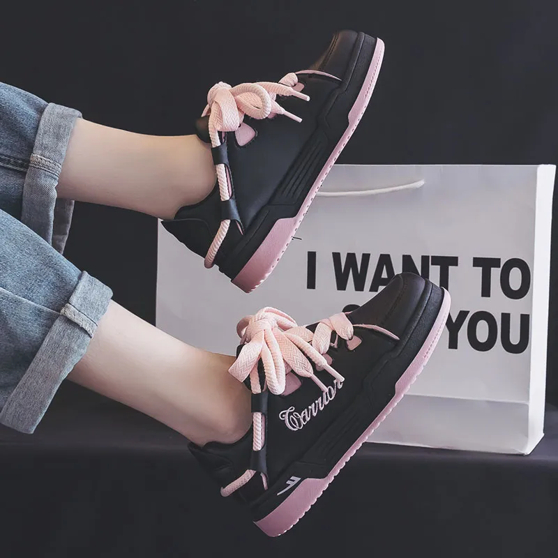 Warrior Anti Slip Wear Resistant Low Top Skateboard Shoes Women's Black Pink-7