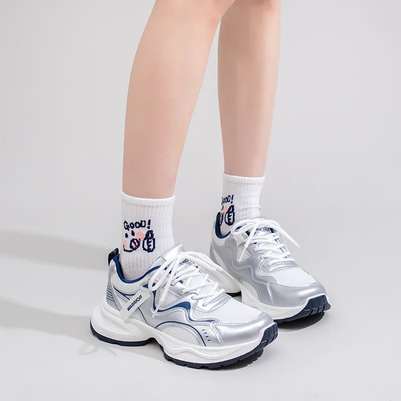 Warrior Slip Resistant, Abrasion Resistant, Lightweight Low Top Chunky Sneakers Women's White Silver Dark Blue-4