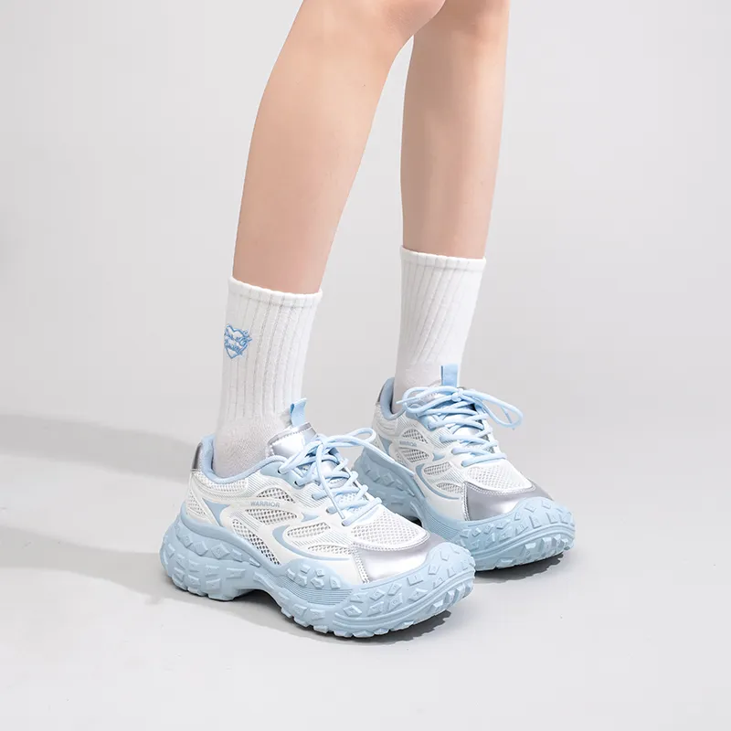 Warrior Breathable Low Top Chunky Sneakers Women's White Blue-5