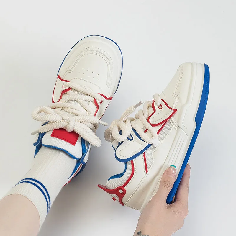 Warrior Anti Slip Wear Resistant Low Top Skateboard Shoes Women's White Blue Red-5
