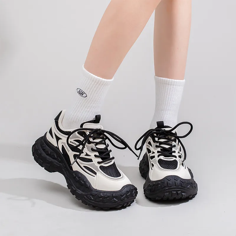 Warrior Breathable And Lightweight Low Top Chunky Sneakers Women's Black Beige-4