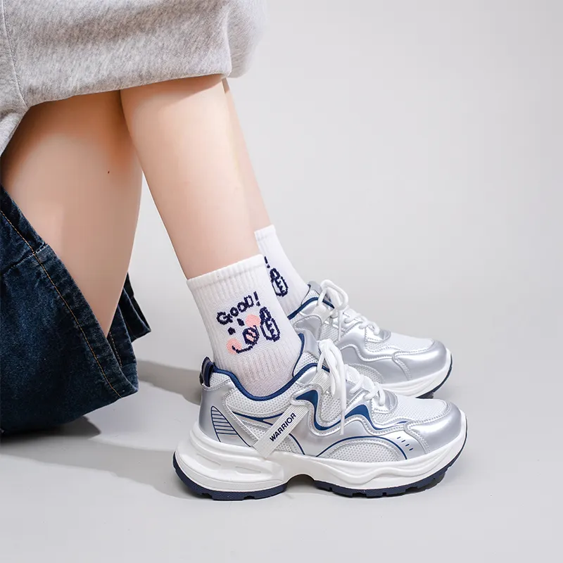 Warrior Slip Resistant, Abrasion Resistant, Lightweight Low Top Chunky Sneakers Women's White Silver Dark Blue-6