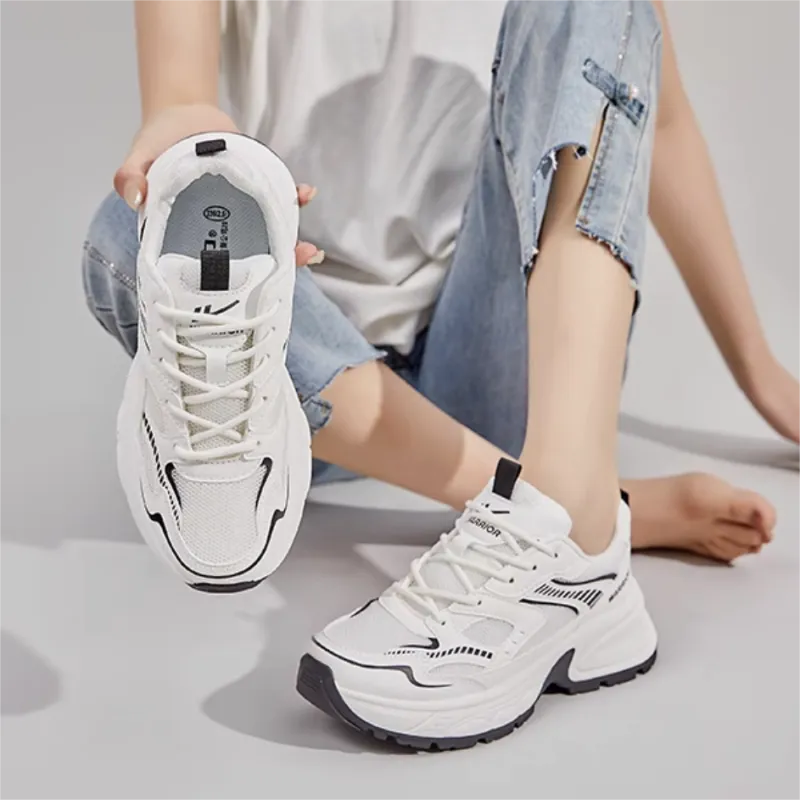 Warrior Height Increasing Abrasion Resistant Low Top Chunky Sneakers Women's White Black-5