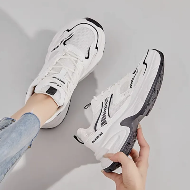 Warrior Height Increasing Abrasion Resistant Low Top Chunky Sneakers Women's White Black-7