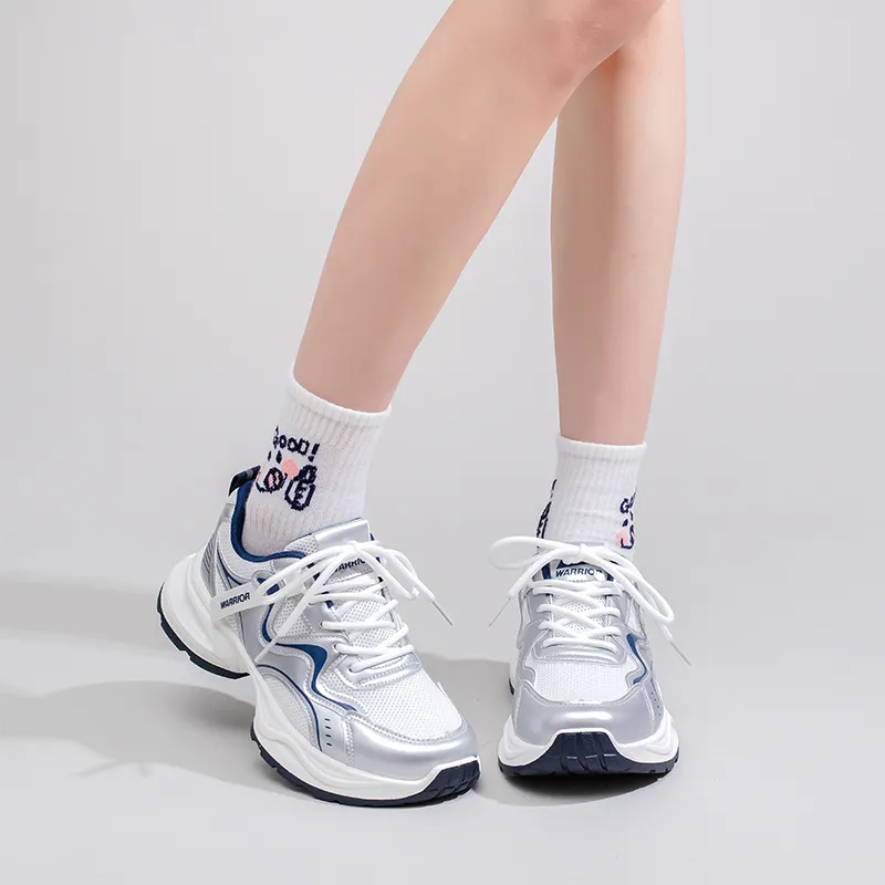 Warrior Slip Resistant, Abrasion Resistant, Lightweight Low Top Chunky Sneakers Women's White Silver Dark Blue-5