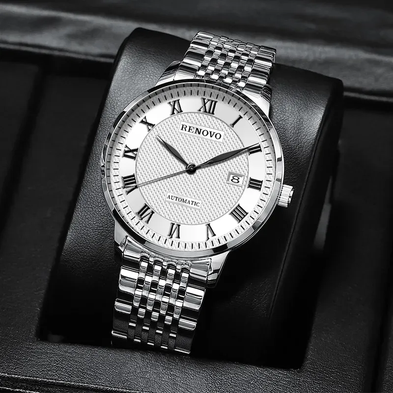 RENOVO Automatic Mechanical Movement Steel Strap Watch Men's Watches White Dial-10