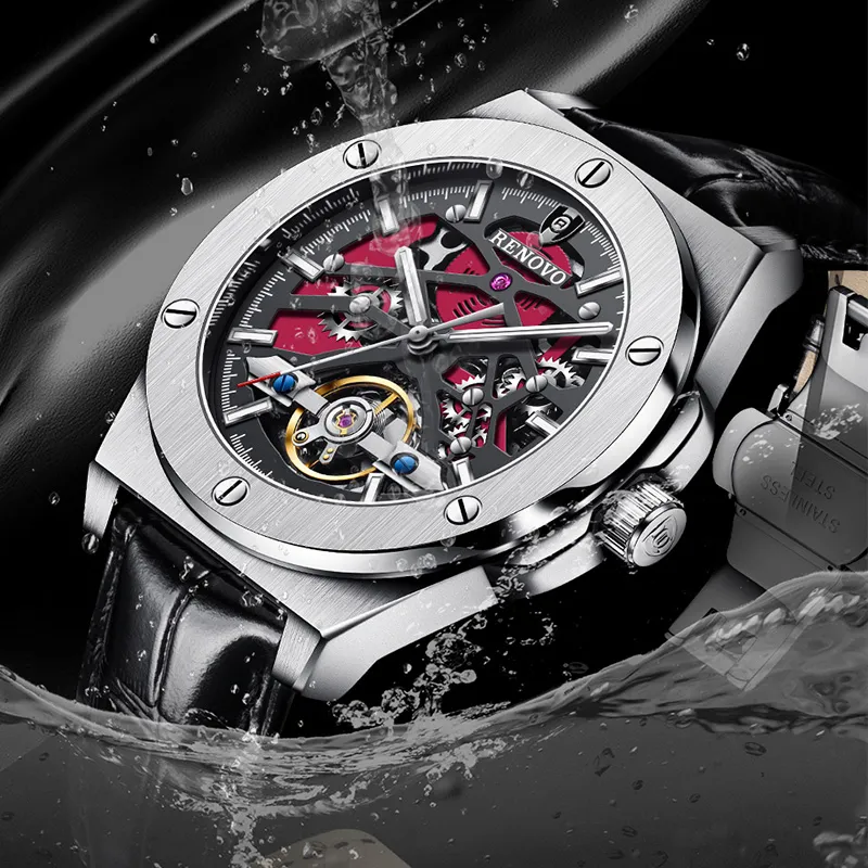 RENOVO Explorer Collection Automatic Mechanical Movement Genuine Leather Strap Watch Men's Watches Black Dial-1
