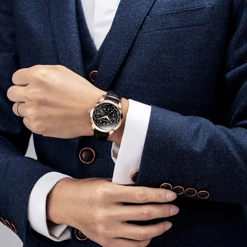 RENOVO Star Collection Mechanical Movement Leather Watch Bands Watch Men's Watches Black Dial-3