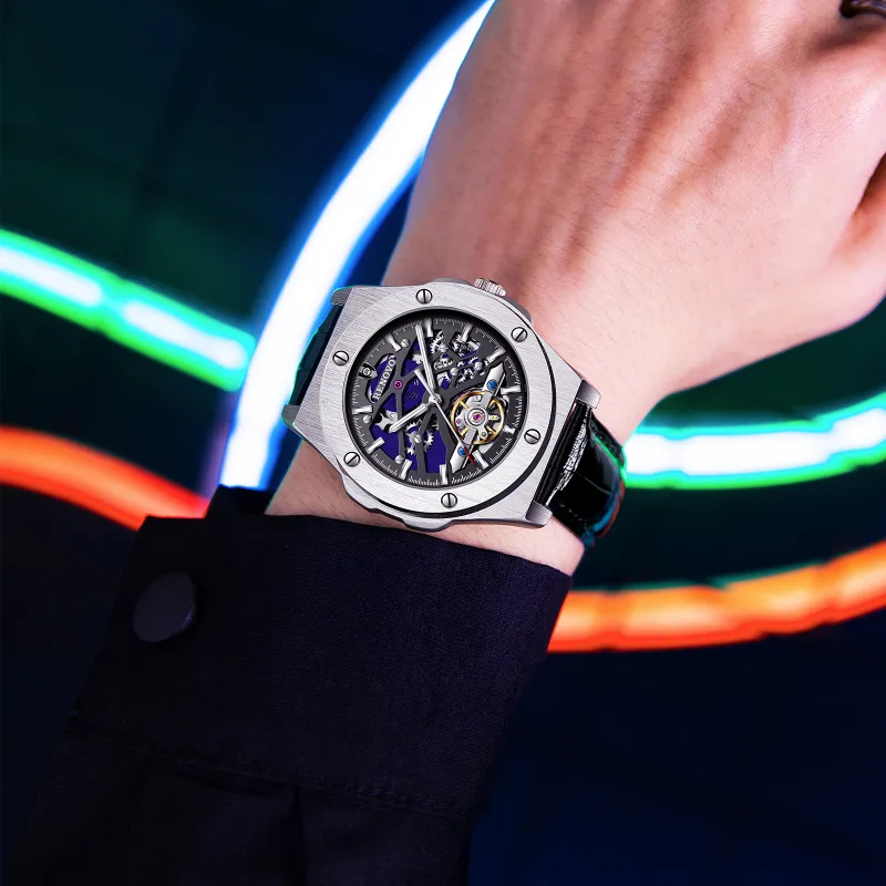 RENOVO Explorer Collection Automatic Mechanical Movement Genuine Leather Strap Watch Men's Watches Black Dial-7