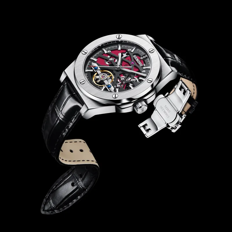 RENOVO Explorer Collection Automatic Mechanical Movement Genuine Leather Strap Watch Men's Watches Black Dial-3