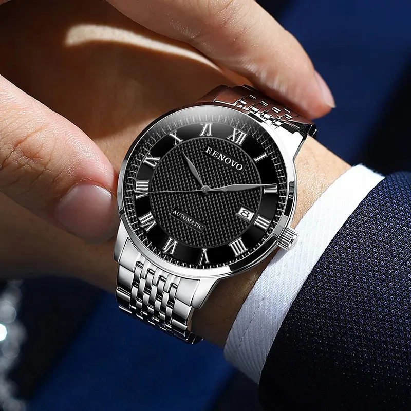 RENOVO Automatic Mechanical Movement Steel Strap Watch Men's Watches White Dial-2