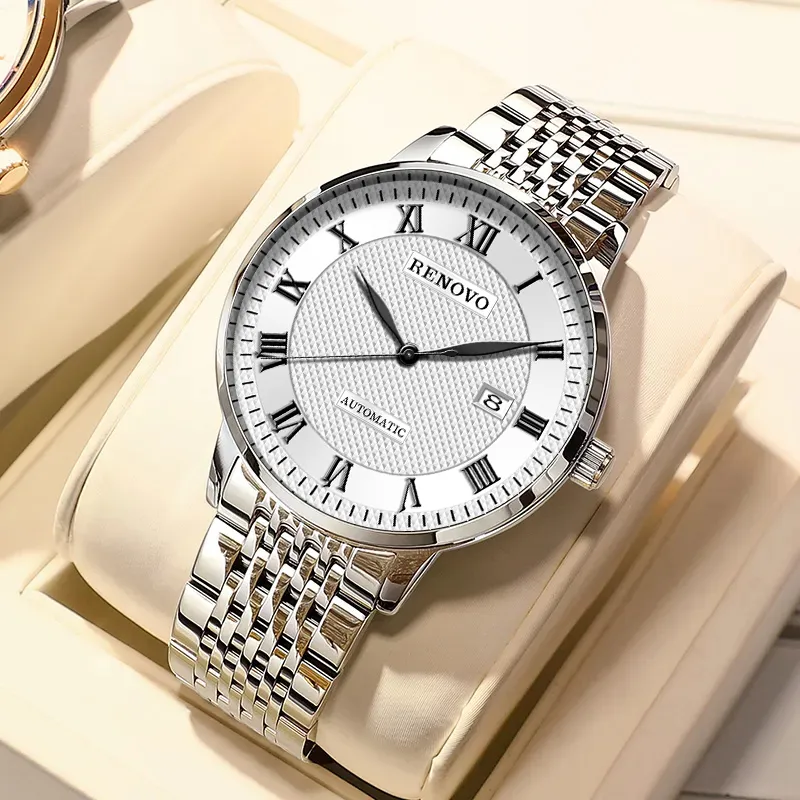 RENOVO Automatic Mechanical Movement Steel Strap Watch Men's Watches White Dial-7