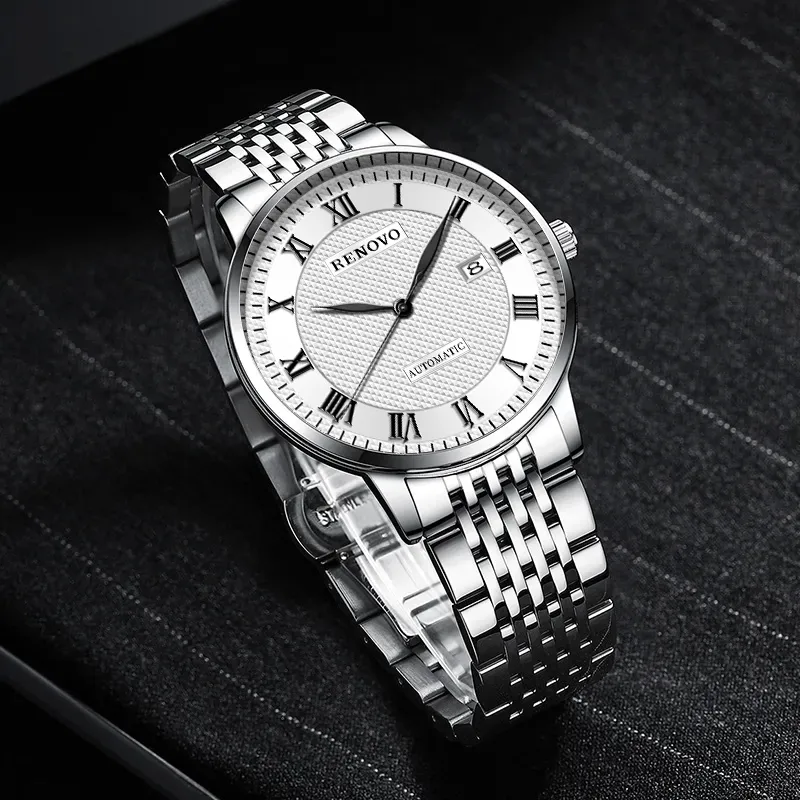 RENOVO Automatic Mechanical Movement Steel Strap Watch Men's Watches White Dial-11
