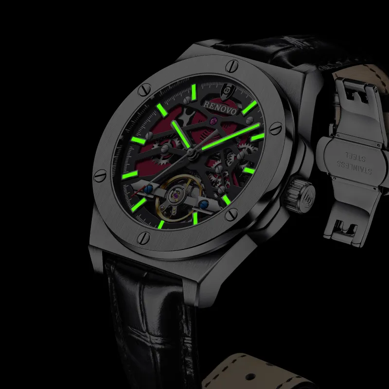 RENOVO Explorer Collection Automatic Mechanical Movement Genuine Leather Strap Watch Men's Watches Black Dial-4