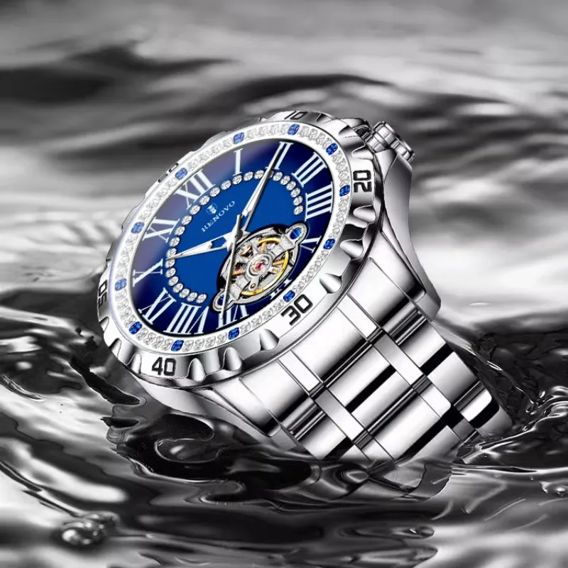 RENOVO Automatic Mechanical Movement Stainless Steel Watchband Watch Men's Watches Blue Dial-8