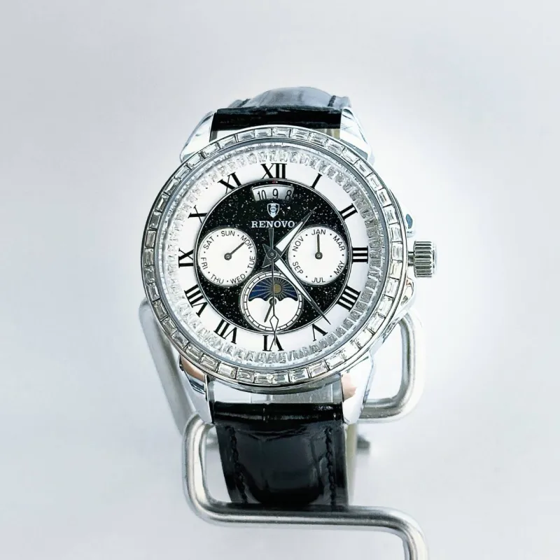 RENOVO Automatic Mechanical Movement Genuine Leather Strap Watch Men's Watches White Dial-11