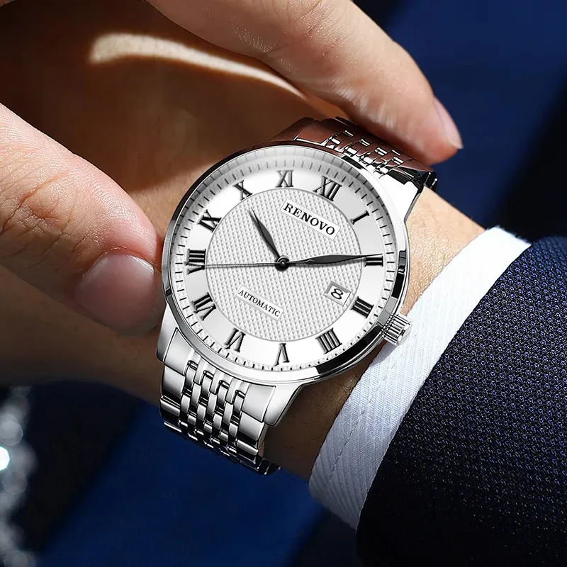 RENOVO Automatic Mechanical Movement Steel Strap Watch Men's Watches White Dial-8