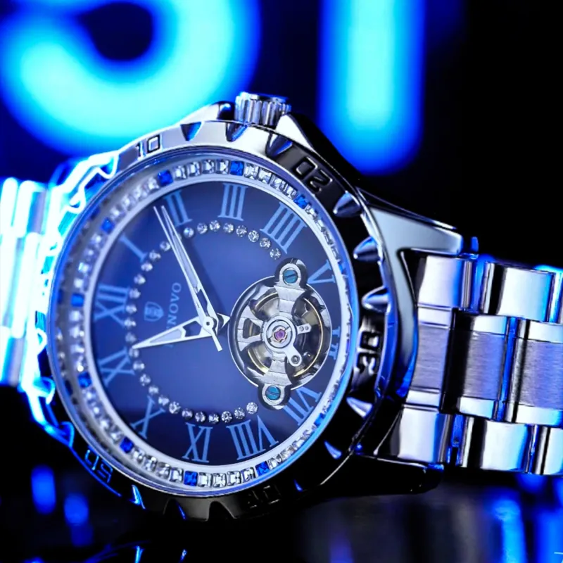 RENOVO Automatic Mechanical Movement Stainless Steel Watchband Watch Men's Watches Blue Dial-3