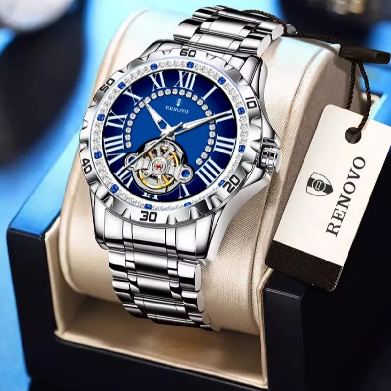 RENOVO Automatic Mechanical Movement Stainless Steel Watchband Watch Men's Watches Blue Dial-7