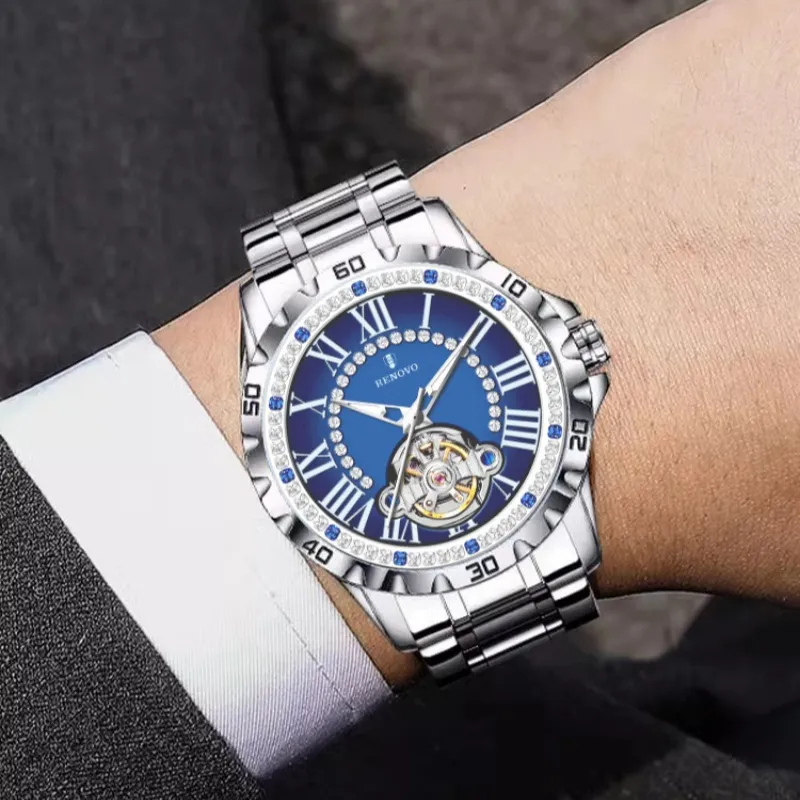 RENOVO Automatic Mechanical Movement Stainless Steel Watchband Watch Men's Watches Blue Dial-19
