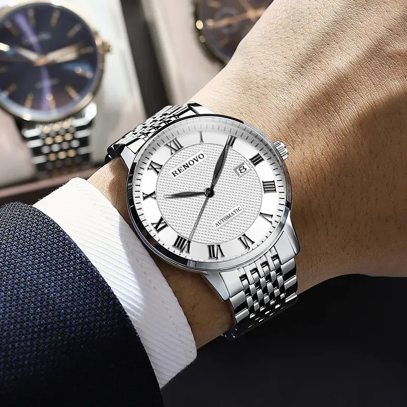 RENOVO Automatic Mechanical Movement Steel Strap Watch Men's Watches White Dial-9