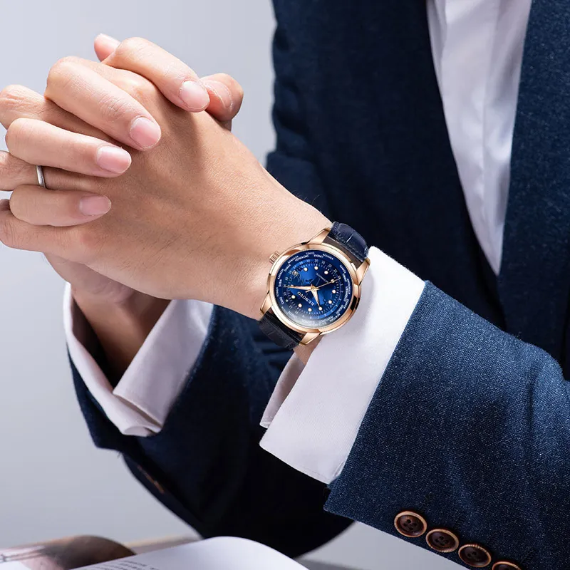 RENOVO Star Collection Mechanical Movement Leather Watch Bands Watch Men's Watches Black Dial-22
