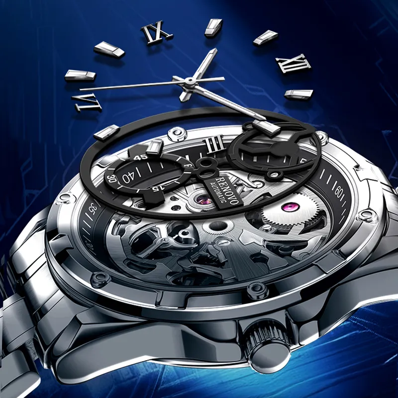 RENOVO Explorer Collection Automatic Mechanical Movement Watch Unisex Black Dial-10