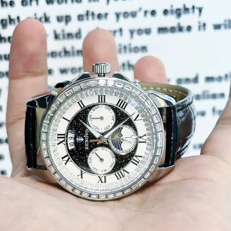 RENOVO Automatic Mechanical Movement Genuine Leather Strap Watch Men's Watches White Dial-8