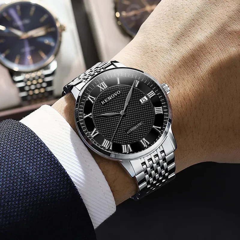 RENOVO Automatic Mechanical Movement Steel Strap Watch Men's Watches White Dial-3