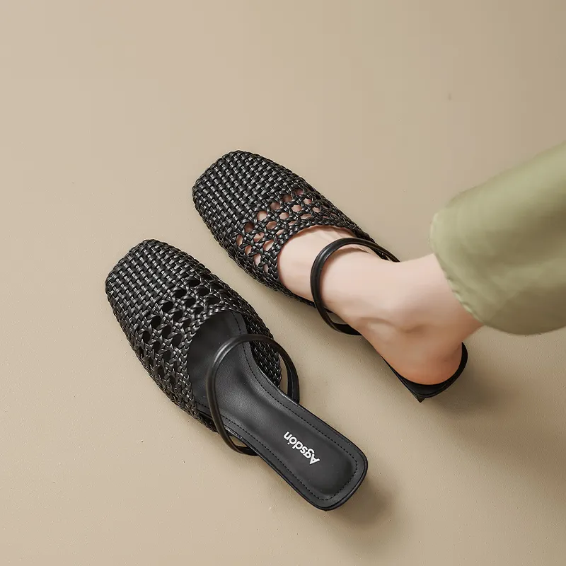 AGSDON Cut Out Woven Closed Toe Slippers 3.5cm Women's-13