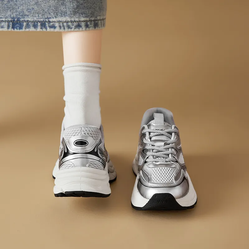 AGSDON Low Top Chunky Sneakers Women's Silver-4