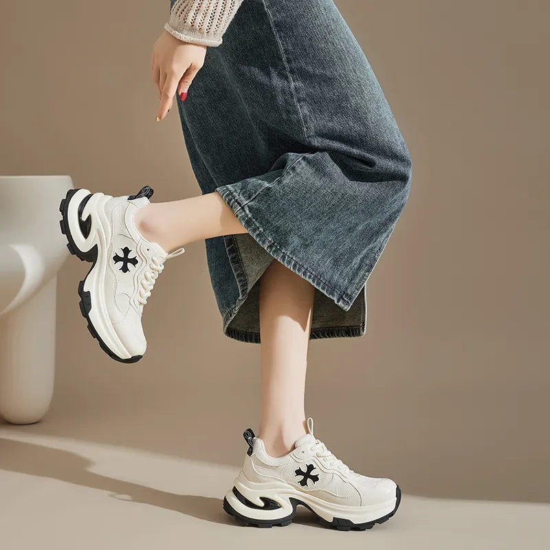 AGSDON Lightweight Low Top Chunky Sneakers 6.5cm Women's Beige Black-3