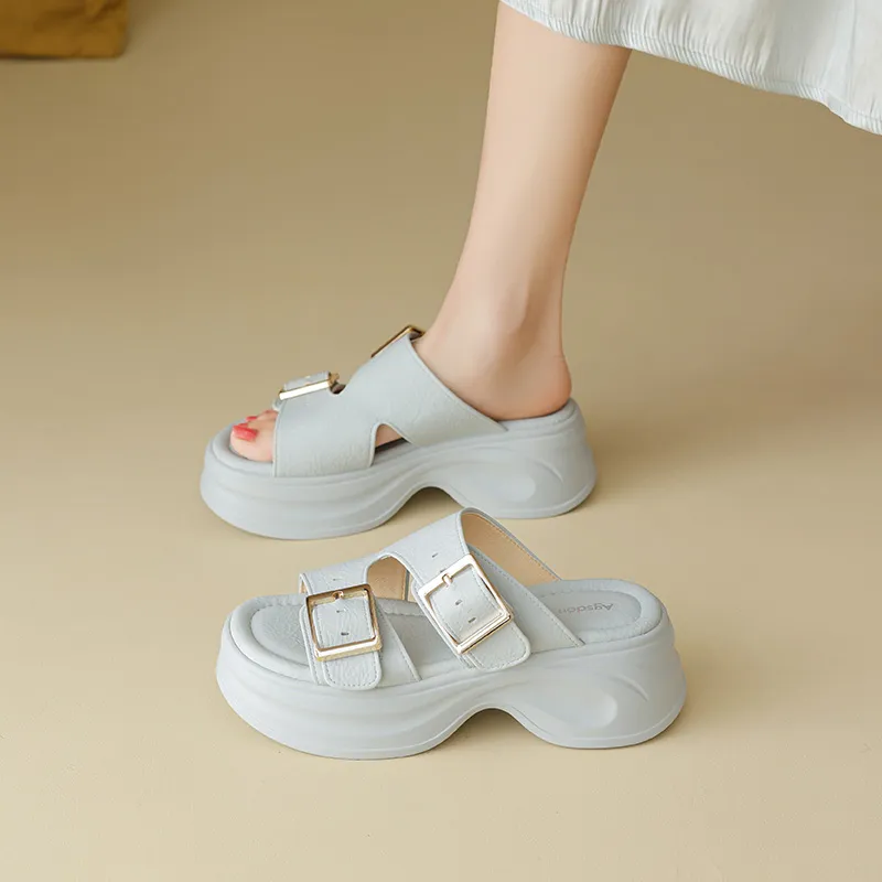 AGSDON Slide Slippers Women's Beige/Blue-11