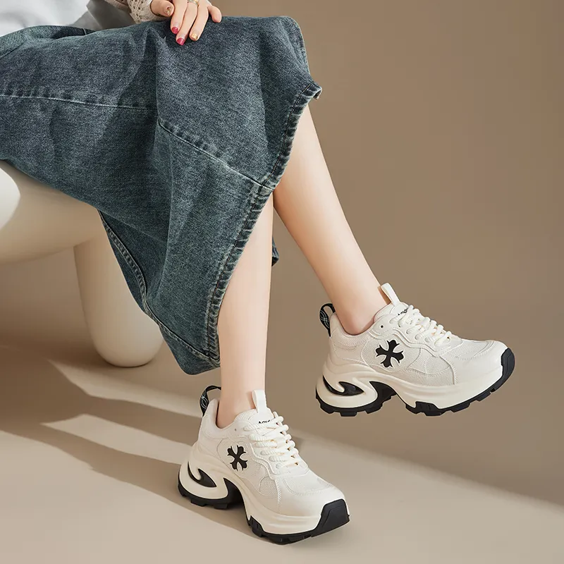 AGSDON Lightweight Low Top Chunky Sneakers 6.5cm Women's Beige Black-2