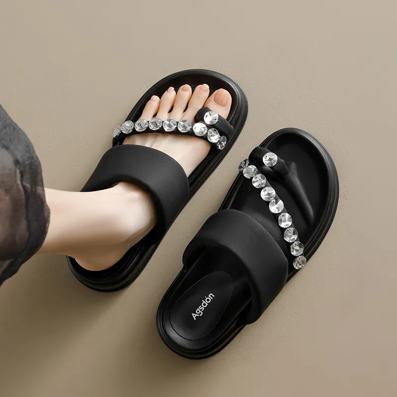 AGSDON Metal Leather Patchwork Quiet Slide Slippers 5.5cm Women's-10