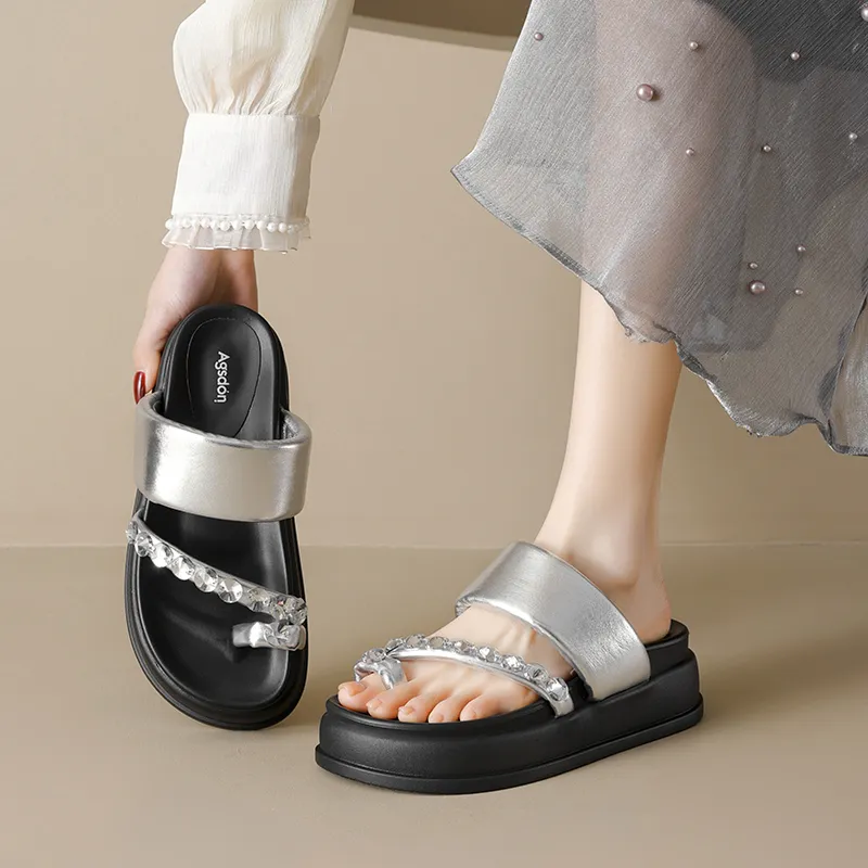 AGSDON Metal Leather Patchwork Quiet Slide Slippers 5.5cm Women's-2