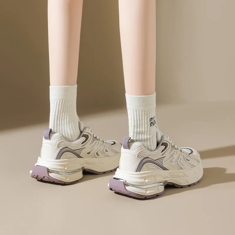 AGSDON Chunky Sneakers Women's Low Top Champagne/Beige Purple/Silver-10