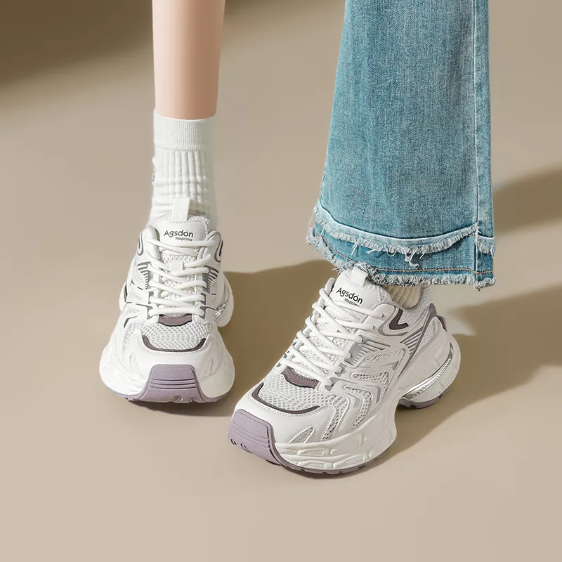AGSDON Chunky Sneakers Women's Low Top Champagne/Beige Purple/Silver-9