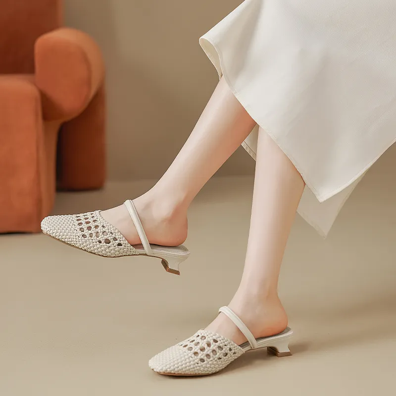 AGSDON Cut Out Woven Closed Toe Slippers 3.5cm Women's-3