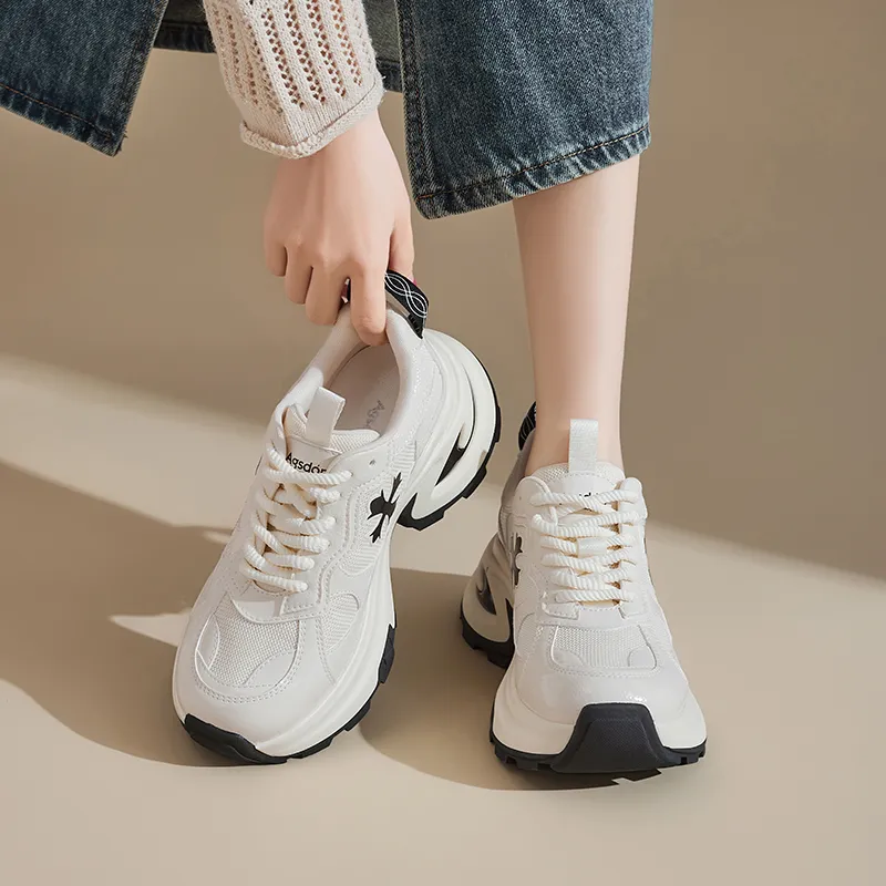 AGSDON Lightweight Low Top Chunky Sneakers 6.5cm Women's Beige Black-6